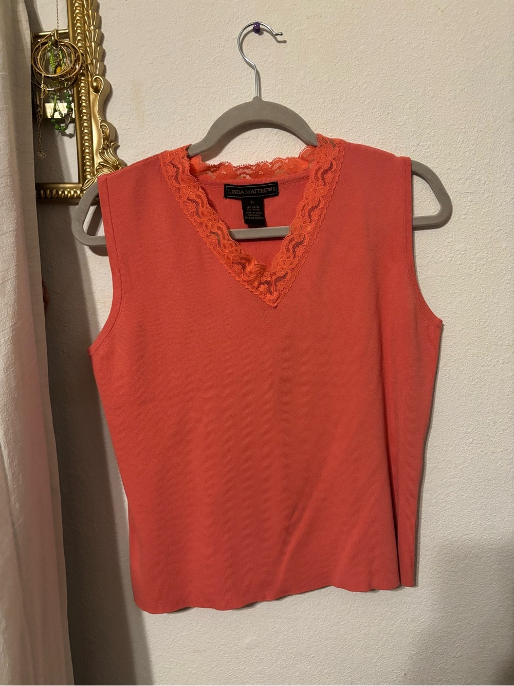 Coral Lace-Trim V-Neck Sleeveless Top